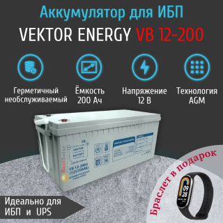 Аккумулятор Vektor Energy VB 12-200 (12В 200Ач) AGM для бесперебойника, для ИБП, Номинальная ёмкость: 200