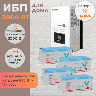 Комплект ИБП для дома Hiden настенный 3 кВт + 4 AGM аккумулятора Vektor по 200 Ач
