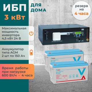 Комплект ИБП для дома МАП pro на полку 4,5 кВт + 2 AGM аккумулятора Vektor по 150 Ач