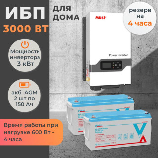 Комплект ИБП для дома MUST PLUS настенный 3 кВт + 2 AGM аккумулятора Vektor по 150 Ач