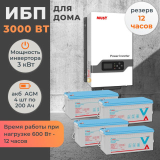 Комплект ИБП для дома MUST PLUS настенный 3 кВт + 4 AGM аккумулятора Vektor по 200 Ач