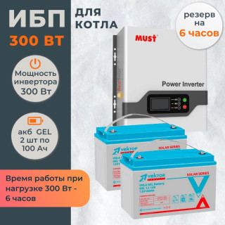 Комплект ИБП для котла MUST настенный 300 Вт + 2 гелевых аккумулятора Vektor по 100 Ач