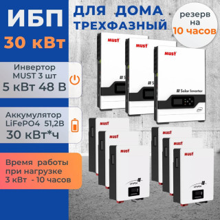 Комплект ИБП трехфазный для дома 15 кВт Must-5048VHM + литиевые аккумуляторы Must 30 кВт/час LiFePO4