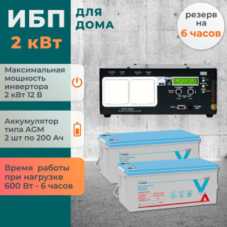 Комплект ИБП для дома МАП Pro на полку 2 кВт + 2 AGM аккумулятора Vektor по 200 Ач