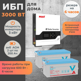 Комплект ИБП для дома MUST солнечный 3 кВт + 2 AGM аккумулятора Vektor по 200 Ач