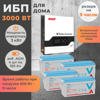 Комплект ИБП для дома MUST солнечный 3 кВт + 4 AGM аккумулятора Vektor по 150 Ач