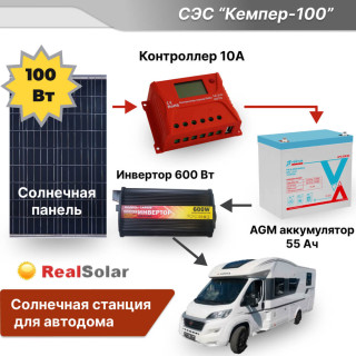 Солнечная станция для автодома - "Кемпер-100" - солнечная панель 100Вт, инвертор СОЮЗ 600Вт, AGM аккумулятор 55Ач / 12 вольт, Мощность СЭС: 0.6, Панели, мощность: 1 x 100 Вт, Тип аккумулятора: AGM, Емкость АКБ: 55 Ач