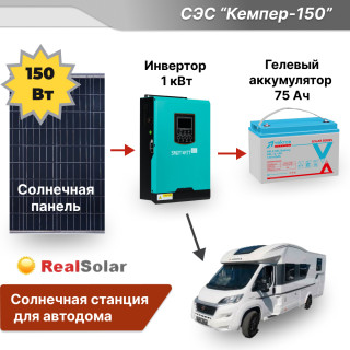 Солнечная станция для автодома "Кемпер-150" - инвертор 1 кВт, солнечная панель 150Вт, гелевый аккумулятор 75Ач, Мощность СЭС: 1, Панели, мощность: 1 x 150 Вт, Тип аккумулятора: Гелевый, Емкость АКБ: 75 Ач