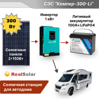 Солнечная станция для автодома "Кемпер-300-Li" - инвертор 1 кВт, солнечные панели 300Вт, литиевый аккумулятор 100Ач, Мощность СЭС: 1, Панели, мощность: 2 x 150 Вт (300 Вт), Тип аккумулятора: LiFePO4, Емкость АКБ: 100 Ач