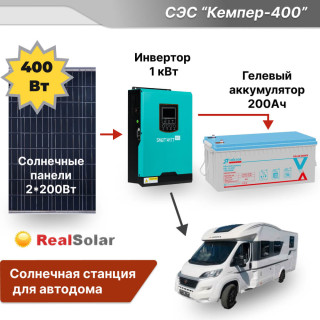 Солнечная станция для автодома "КЕМПЕР-1 кВт + панели 2х200Вт" - инвертор 1 кВт, солнечные панели 2х200Вт, гелевый аккумулятор 200Ач / 12 В, Мощность СЭС: 1, Панели, мощность: 2 х 200 Вт (400 Вт), Тип аккумулятора: Гелевый, Емкость АКБ: 200 Ач