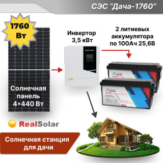 Солнечная электростанция "Дача 3,5 кВт + панели 3x440Вт" - инвертор Smart 3,5 кВт MPPT, солнечные панели 3х440 Вт, литиевый аккумулятор 200Ач / 24 вольт, Мощность СЭС: 3.5, Панели, мощность: 4 х 440 Вт (1760 Вт), Тип аккумулятора: LiFePO4, Емкость АКБ: 2 x 100 Ач