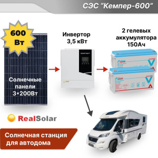 Солнечная станция для автодома "Кемпер-600" - инвертор 3.5 кВт, солнечные панели 600Вт, гелевые аккумуляторы 2*150Ач, Мощность СЭС: 3.5, Панели, мощность: 3 х 200 Вт (600 Вт), Тип аккумулятора: Гелевый, Емкость АКБ: 300 Ач