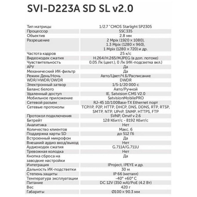 IP видеокамера купольная 2Мп 2.8mm SVI-D223A SD SL