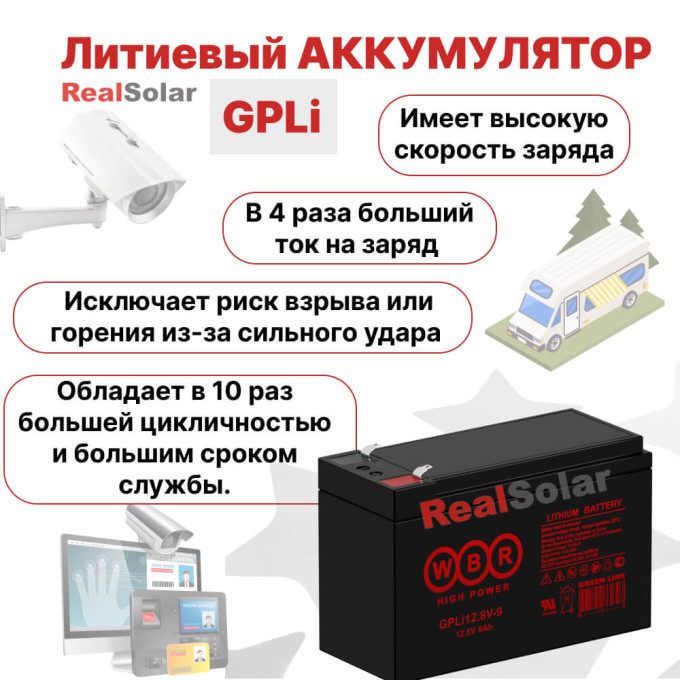 Аккумулятор литиевый 24Ач 12В LiFePO4 WBR GPLi12.8V-24 для бесперебойного питания, автодома, похода, Напряжение акб: 12, Номинальная ёмкость: 24