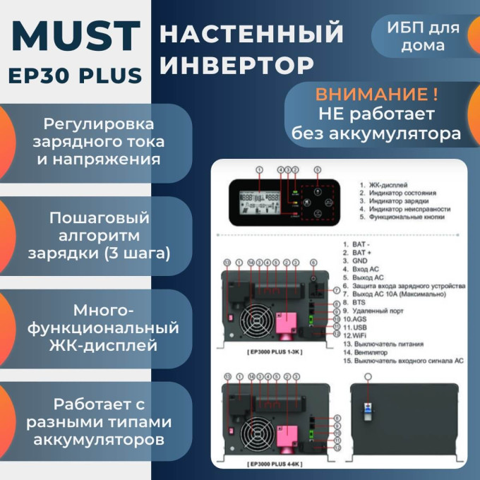 Комплект ИБП для дома 6 кВт MUST Plus + 2 аккумулятора Vektor 100Ач 5.1 кВт/час LiFePO4Комплект ИБП для дома 6 кВт MUST Plus + 2 аккумулятора Vektor 100Ач 5.1 кВт/час LiFePO4[image_num]